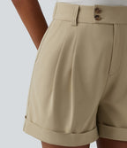 High Waisted Pleated Rolled Hem Stretchy Poplin Work Baggy Shorts with Pockets — Fields of Rye — view 6
