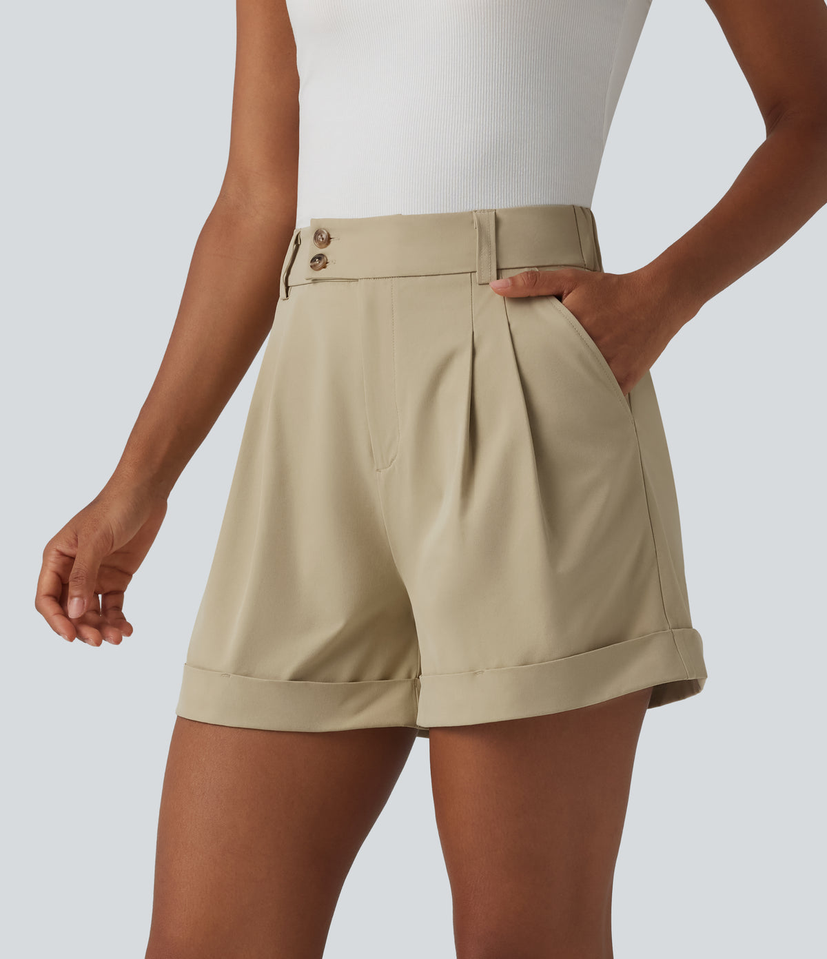 High Waisted Pleated Rolled Hem Stretchy Poplin Work Baggy Shorts with Pockets — Fields of Rye — view 3