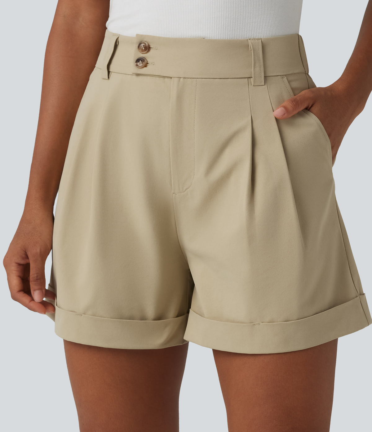 High Waisted Pleated Rolled Hem Stretchy Poplin Work Baggy Shorts with Pockets — Fields of Rye — view 4