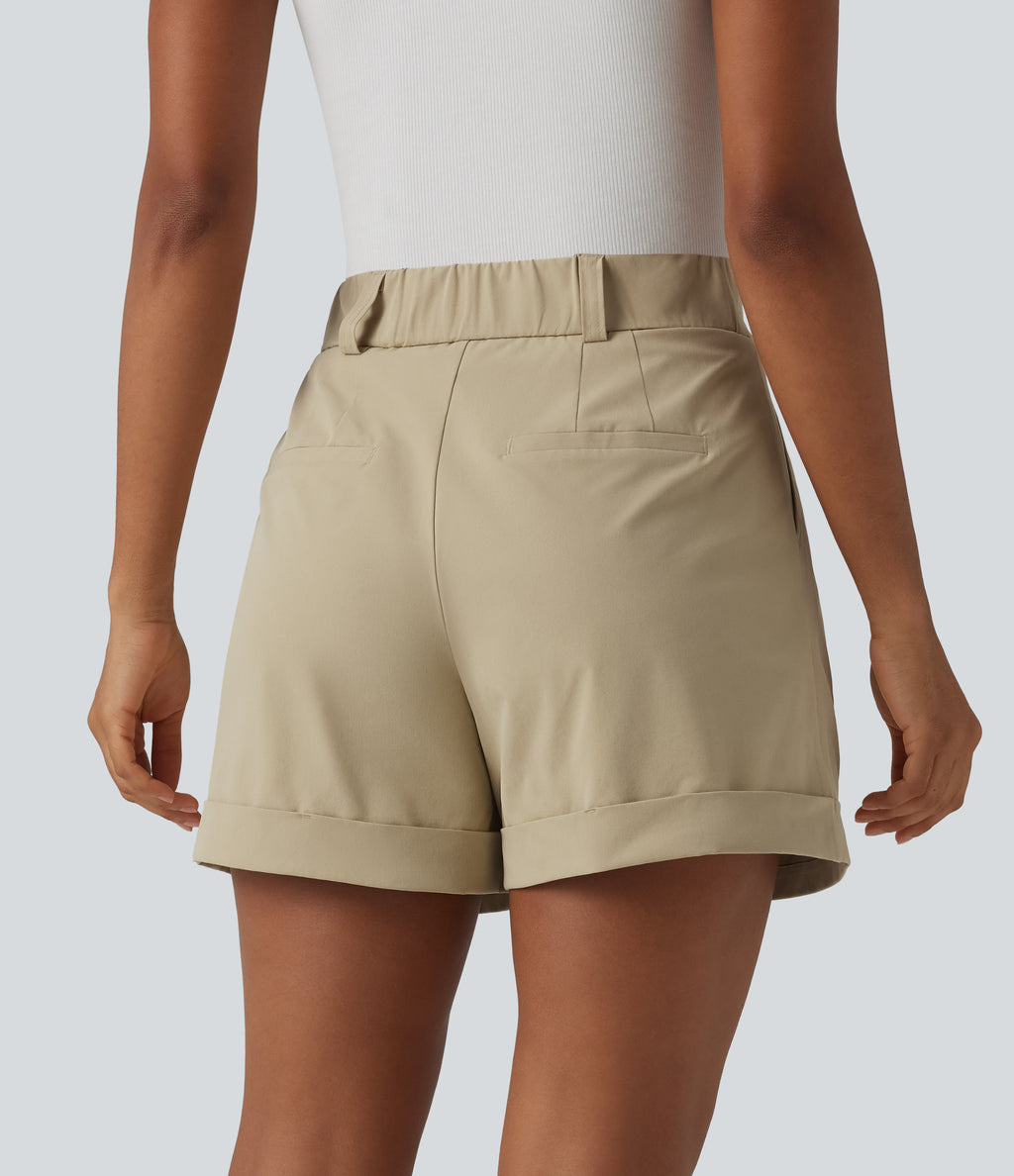 High Waisted Pleated Rolled Hem Stretchy Poplin Work Baggy Shorts with Pockets — Fields of Rye — view 2