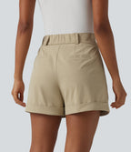 High Waisted Pleated Rolled Hem Stretchy Poplin Work Baggy Shorts with Pockets — Fields of Rye — view 2