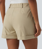 High Waisted Pleated Rolled Hem Stretchy Poplin Work Baggy Shorts with Pockets — Fields of Rye — view 5