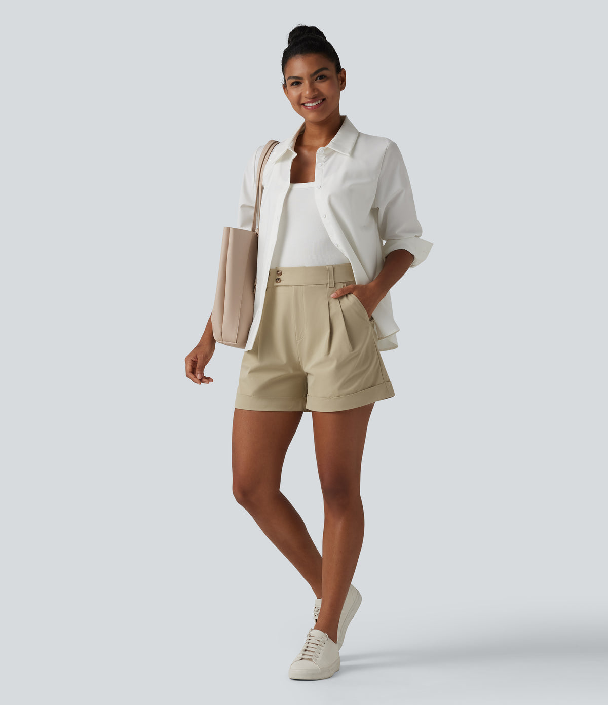High Waisted Pleated Rolled Hem Stretchy Poplin Work Baggy Shorts with Pockets — Fields of Rye — view 7