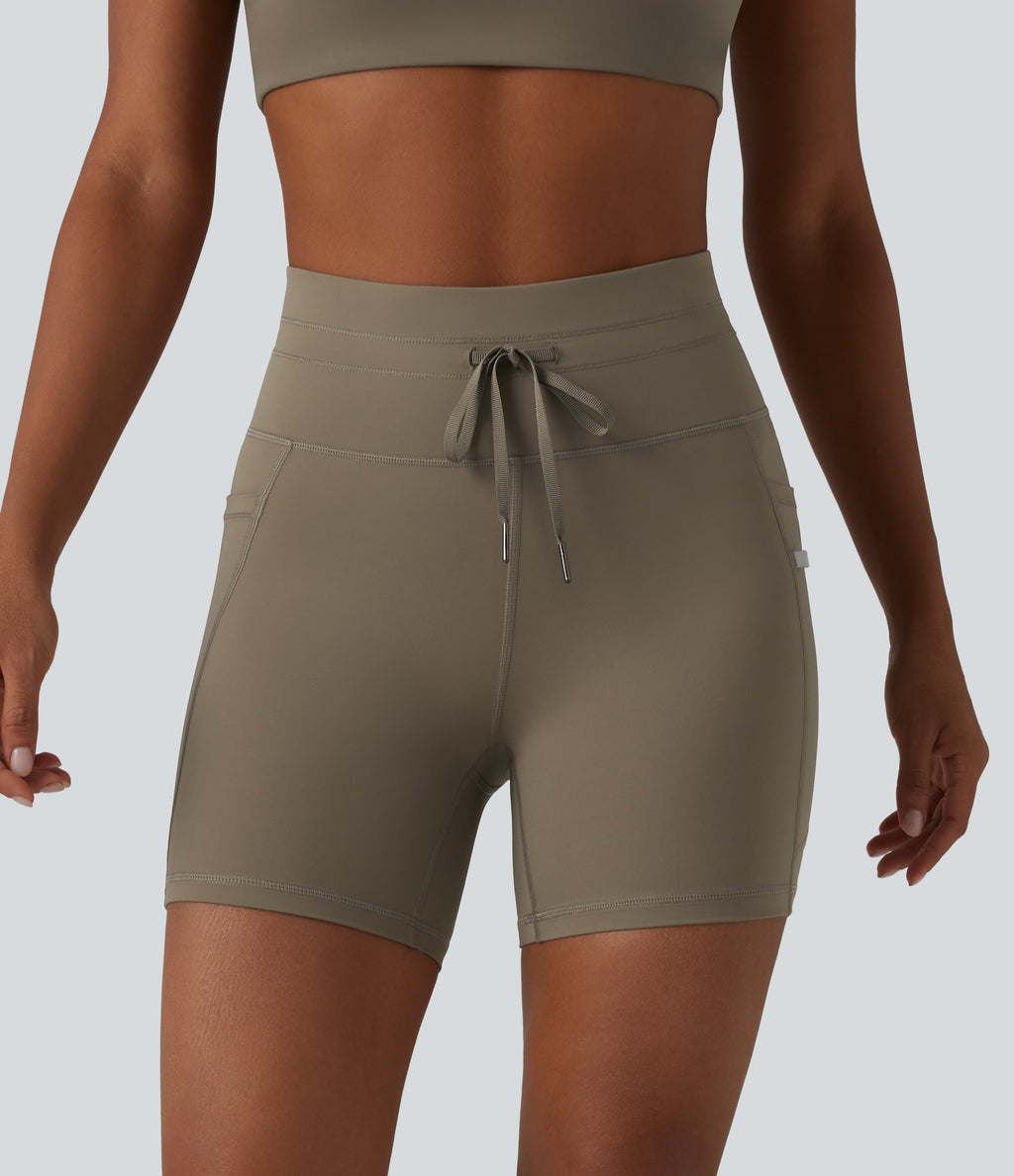 High Waisted Drawstring Plain Yoga Biker Shorts 5'' with Pockets — Hay Brown — view 3