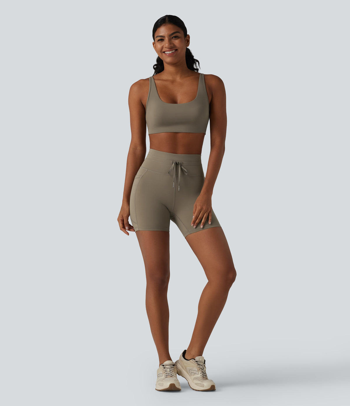 High Waisted Drawstring Plain Yoga Biker Shorts 5'' with Pockets — Hay Brown — view 7