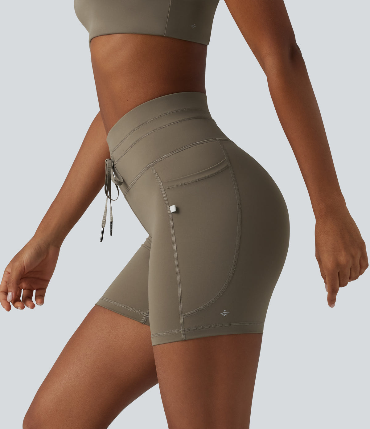 High Waisted Drawstring Plain Yoga Biker Shorts 5'' with Pockets — Hay Brown — view 5