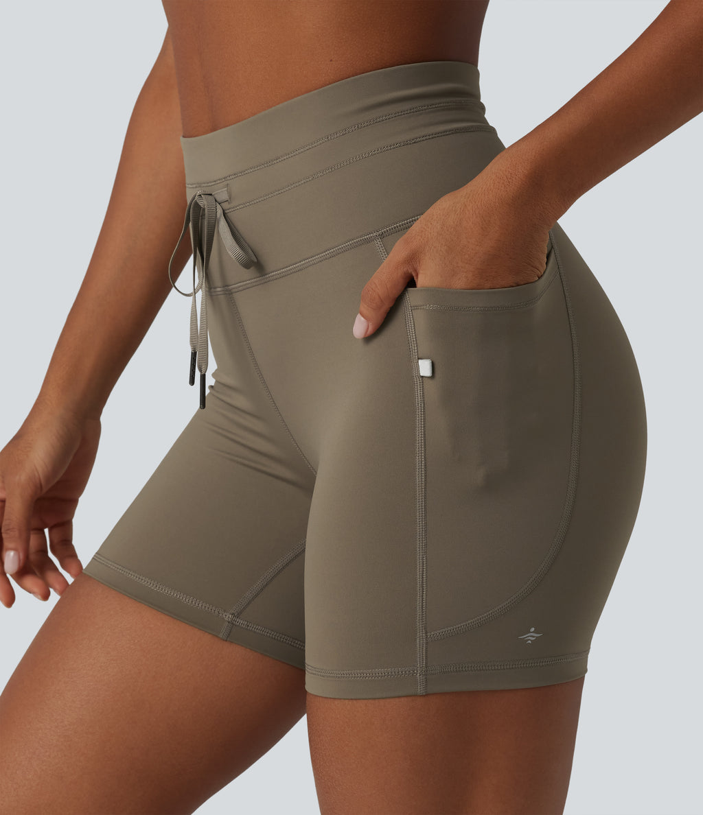 High Waisted Drawstring Plain Yoga Biker Shorts 5'' with Pockets — Hay Brown — view 1
