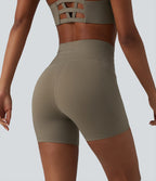 High Waisted Drawstring Plain Yoga Biker Shorts 5'' with Pockets — Hay Brown — view 4