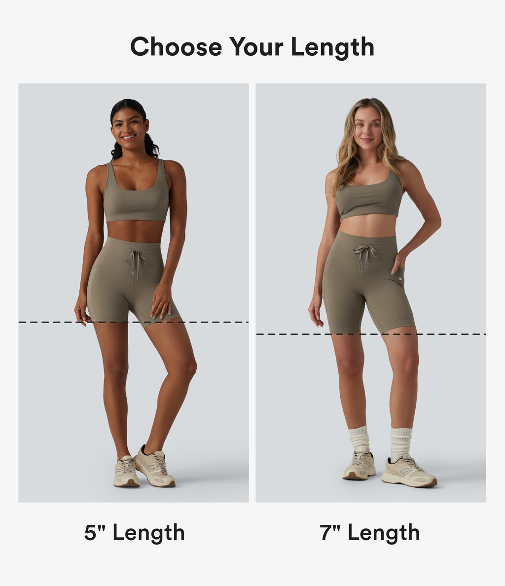 High Waisted Drawstring Plain Yoga Biker Shorts 5'' with Pockets — Hay Brown — view 2