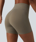 High Waisted Drawstring Plain Yoga Biker Shorts 5'' with Pockets — Hay Brown — view 6