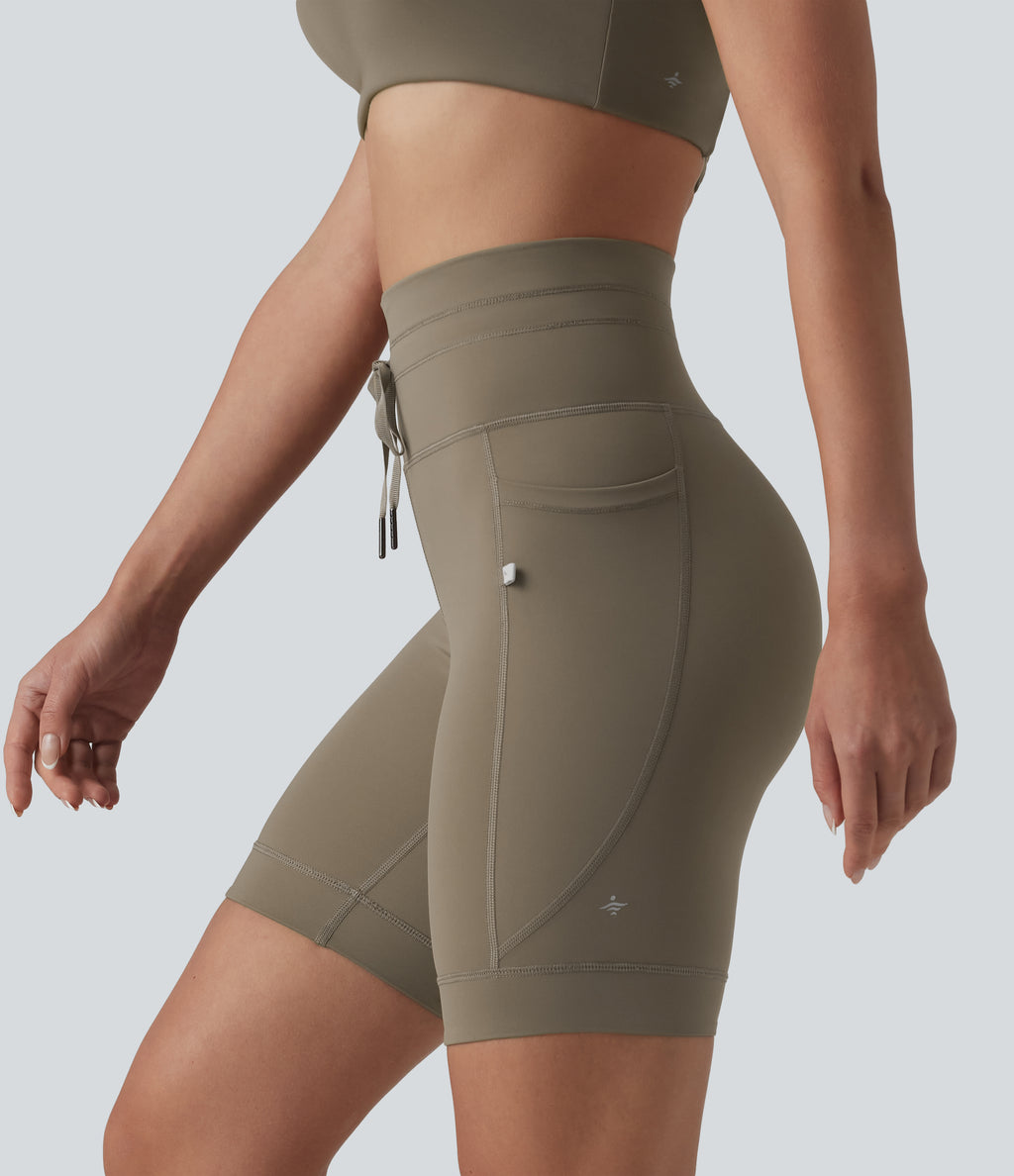 High Waisted Drawstring Plain Yoga Biker Shorts 7'' with Pockets — Hay Brown — view 1