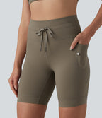 High Waisted Drawstring Plain Yoga Biker Shorts 7'' with Pockets — Hay Brown — view 5