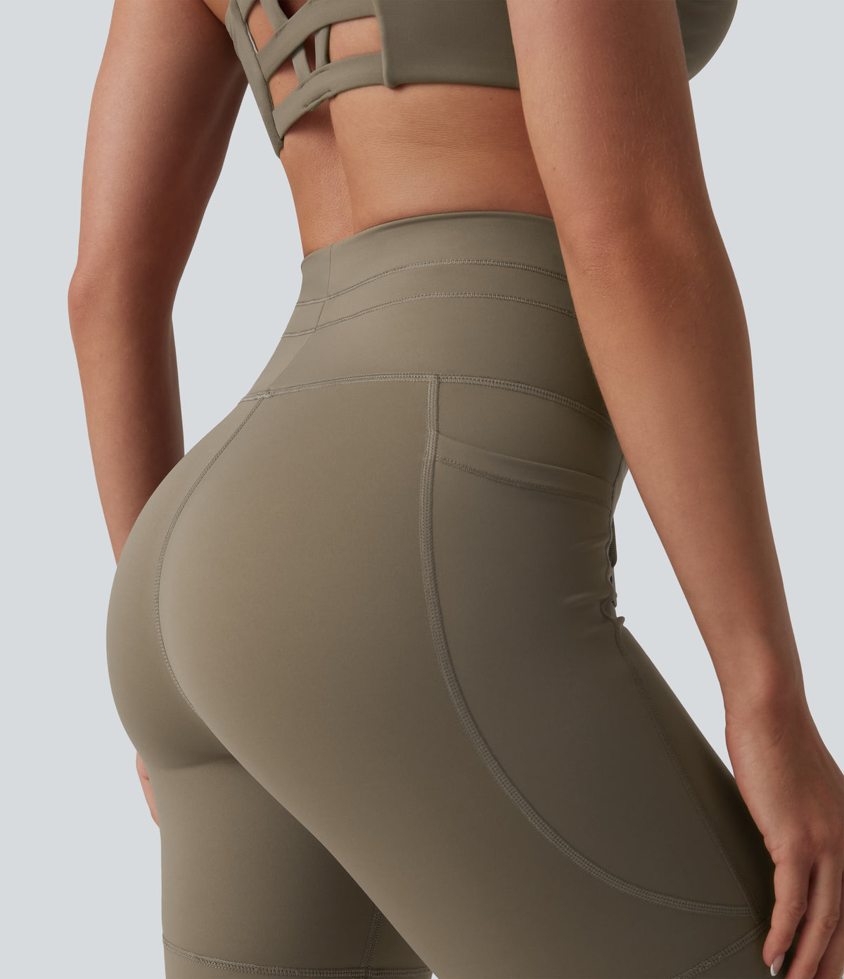 High Waisted Drawstring Plain Yoga Biker Shorts 7'' with Pockets — Hay Brown — view 6