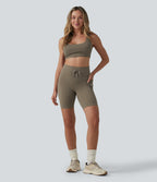 High Waisted Drawstring Plain Yoga Biker Shorts 7'' with Pockets — Hay Brown — view 7