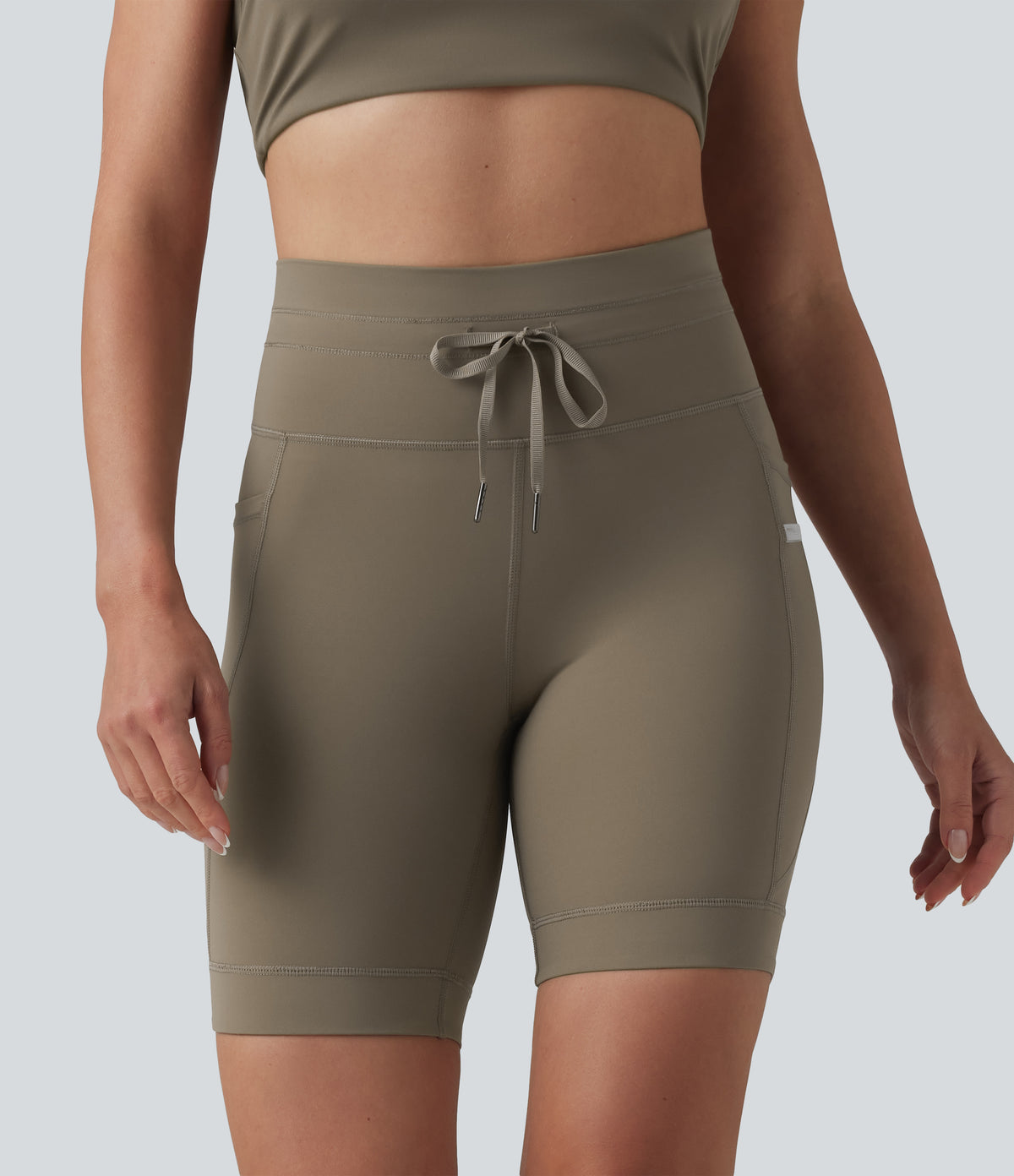 High Waisted Drawstring Plain Yoga Biker Shorts 7'' with Pockets — Hay Brown — view 4