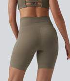 High Waisted Drawstring Plain Yoga Biker Shorts 7'' with Pockets — Hay Brown — view 3