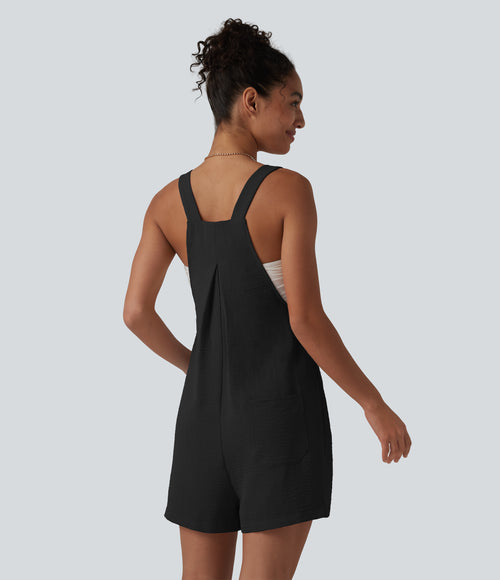 Adjustable Straps Pleated Linen-Feel Resort Short Dungarees with Pockets — Black — view 2
