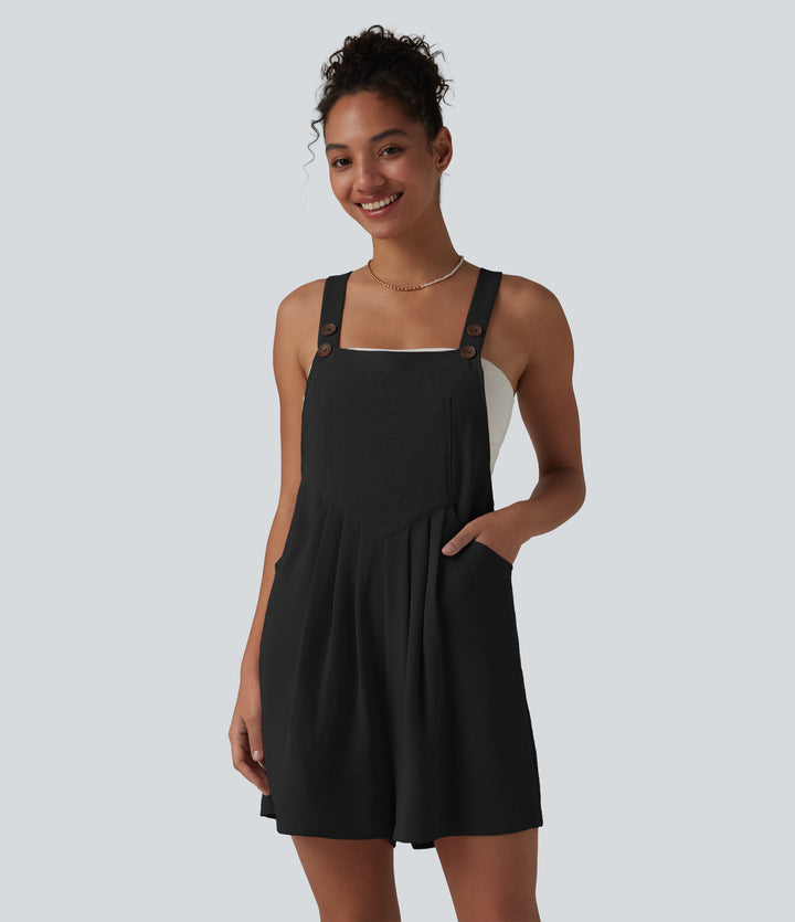 Adjustable Straps Pleated Linen-Feel Resort Short Dungarees with Pockets — Black — view 1