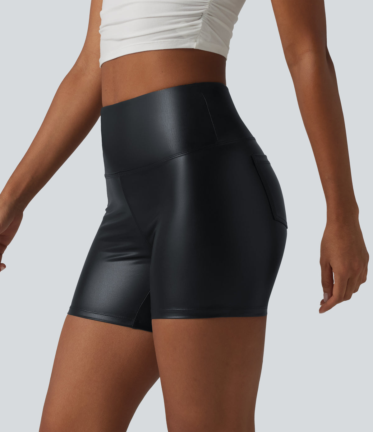 High Waisted Tummy Control Stretchy PU Casual Biker Shorts 5'' with Pockets — Ink Night Blue — view 4