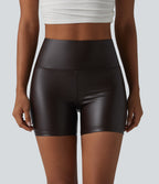 High Waisted Tummy Control Stretchy PU Casual Biker Shorts 5'' with Pockets — Smoky Dusk Brown — view 9
