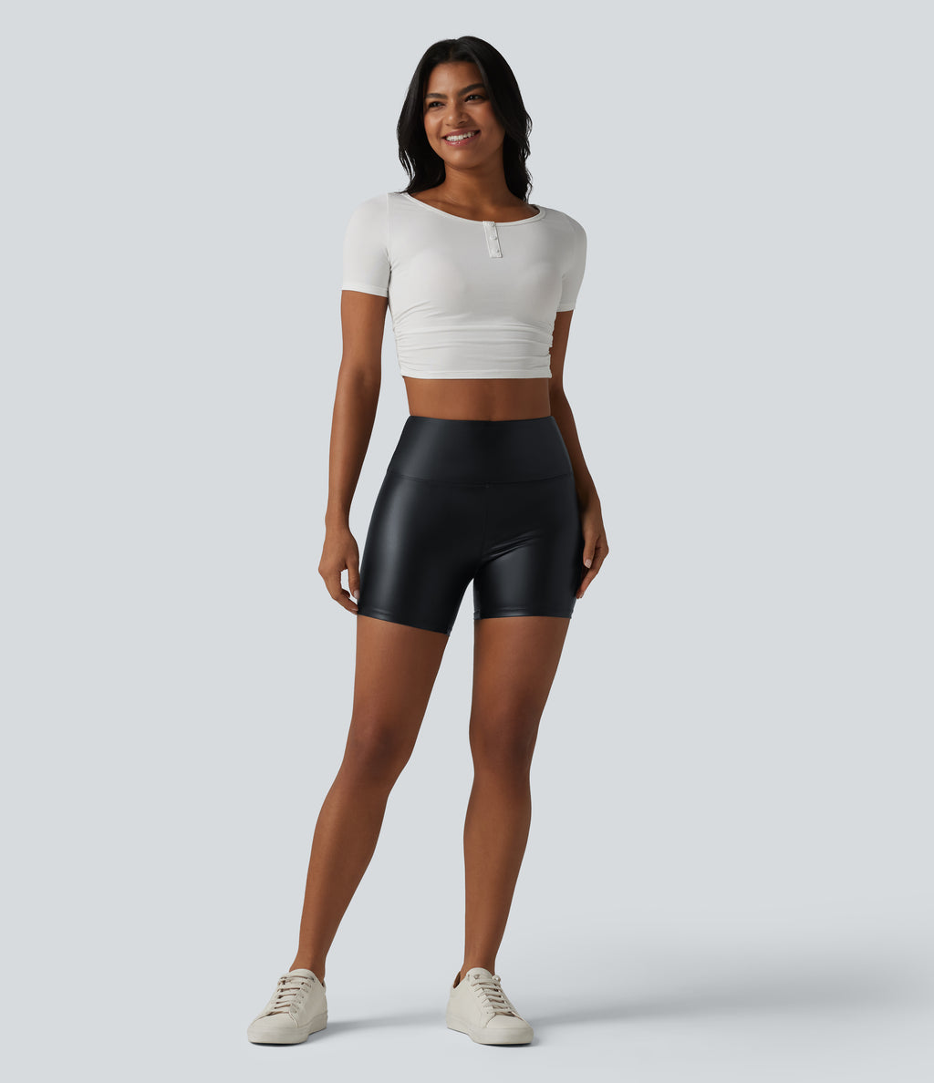 High Waisted Tummy Control Stretchy PU Casual Biker Shorts 5'' with Pockets — Ink Night Blue — view 7