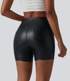 High Waisted Tummy Control Stretchy PU Casual Biker Shorts 5'' with Pockets — Ink Night Blue — view 3