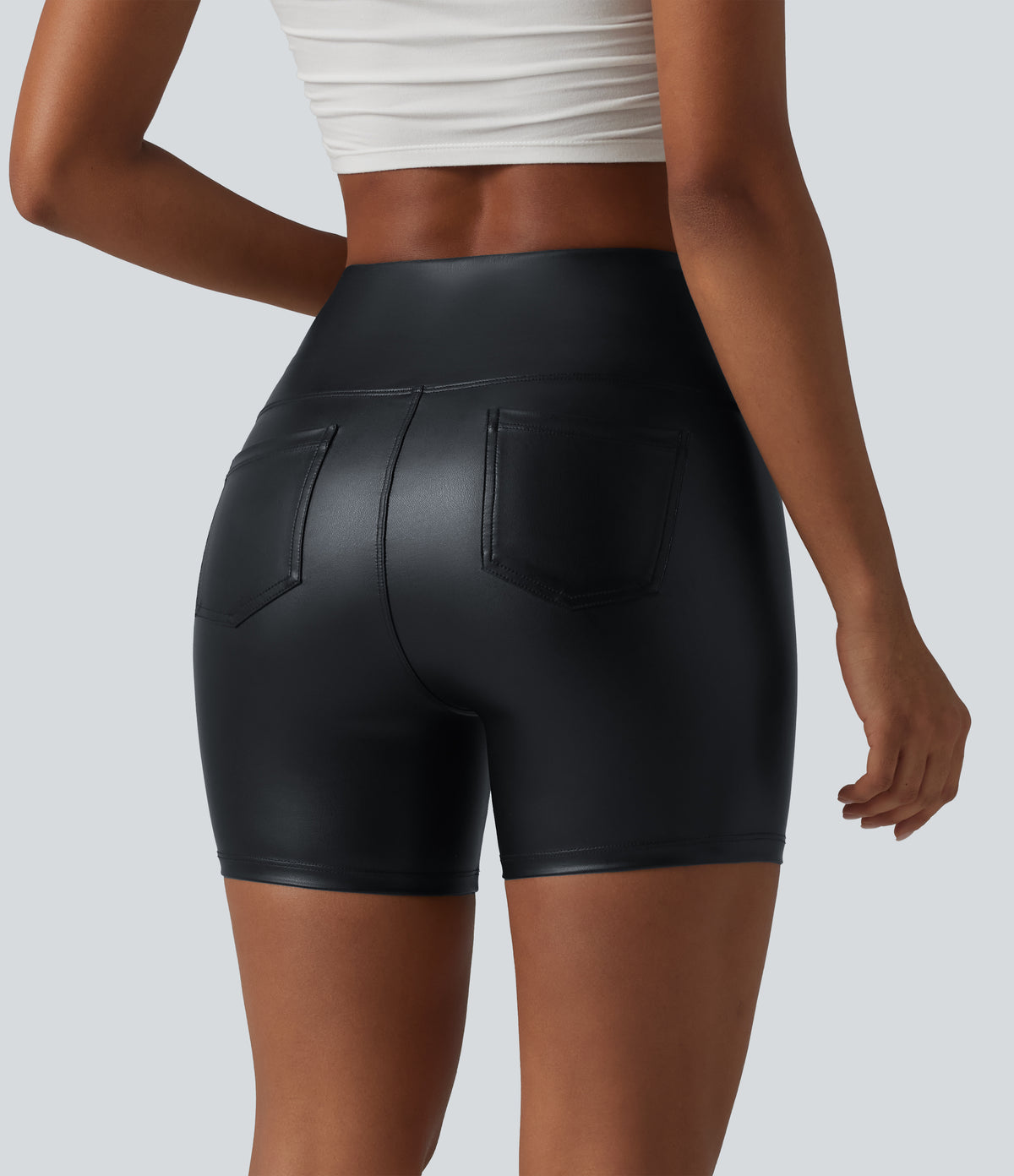 High Waisted Tummy Control Stretchy PU Casual Biker Shorts 5'' with Pockets — Ink Night Blue — view 3