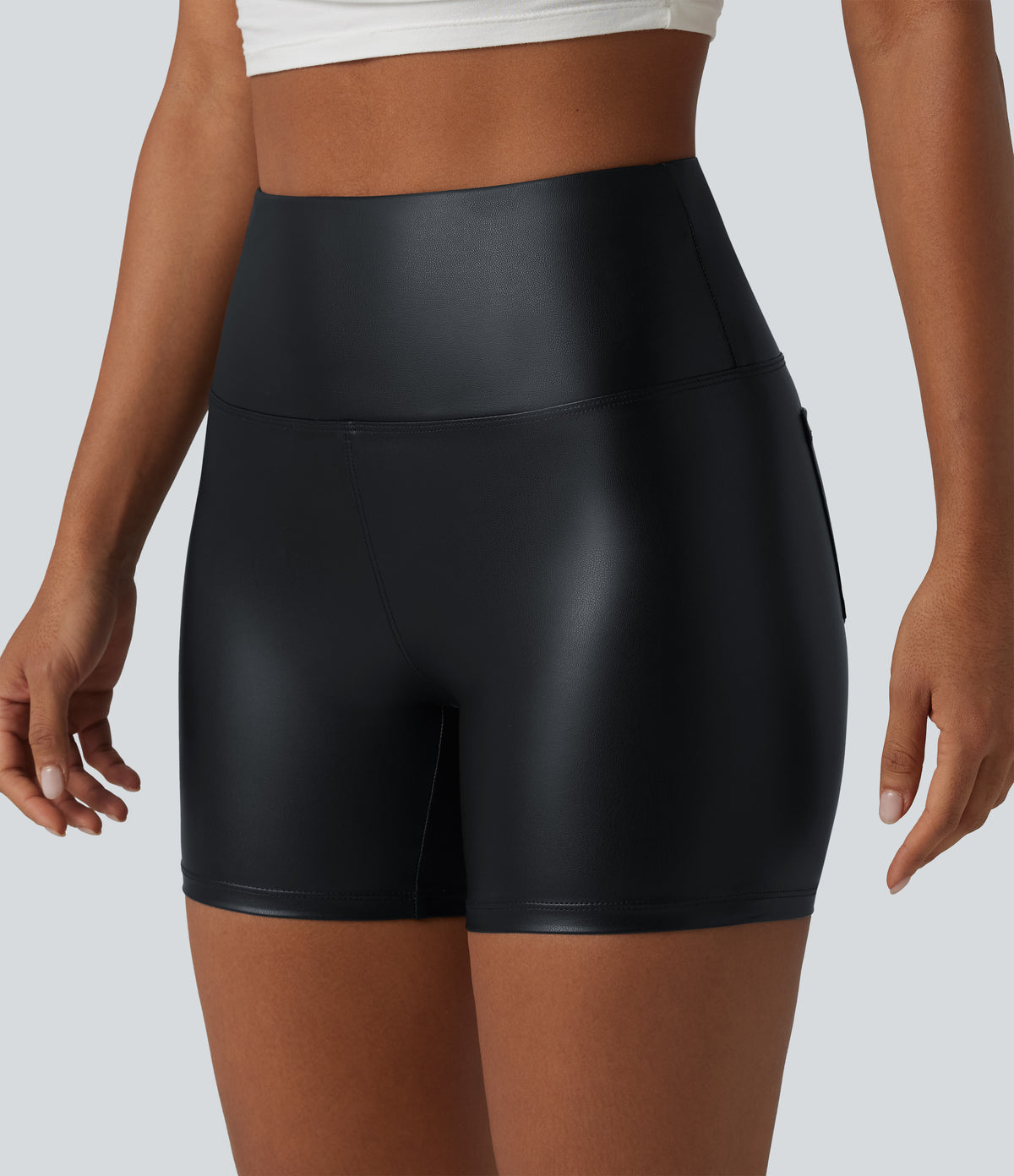 High Waisted Tummy Control Stretchy PU Casual Biker Shorts 5'' with Pockets — Ink Night Blue — view 5