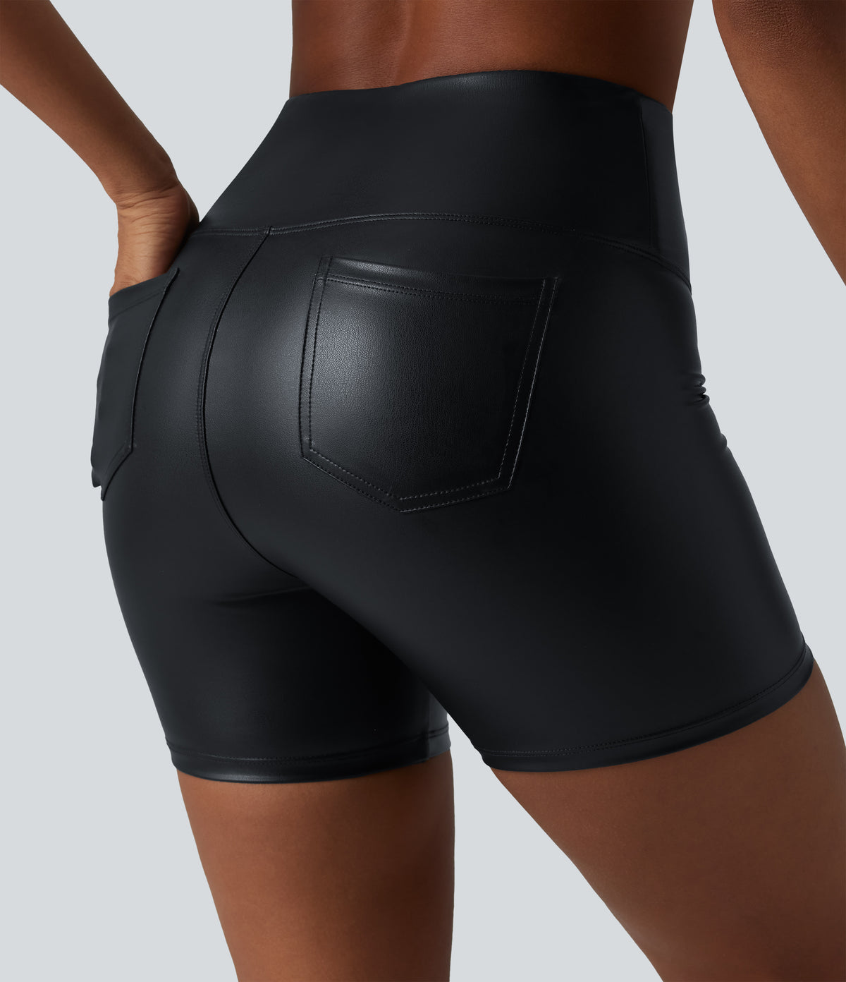 High Waisted Tummy Control Stretchy PU Casual Biker Shorts 5'' with Pockets — Ink Night Blue — view 6