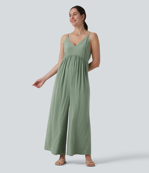Adjustable Straps Sleeveless Backless Tie-back Linen Casual Baggy Jumpsuit — Iceberg Green — view 2