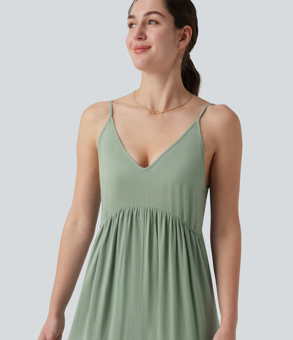 Adjustable Straps Sleeveless Backless Tie-back Linen Casual Baggy Jumpsuit — Iceberg Green — view 7