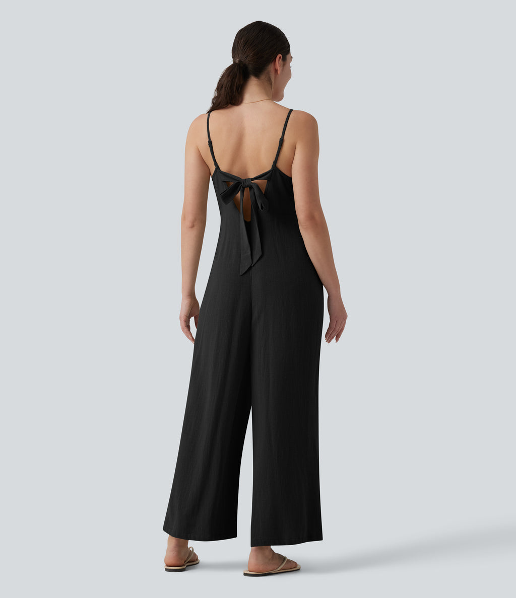 Adjustable Straps Sleeveless Backless Tie-back Linen Casual Baggy Jumpsuit — Black — view 8