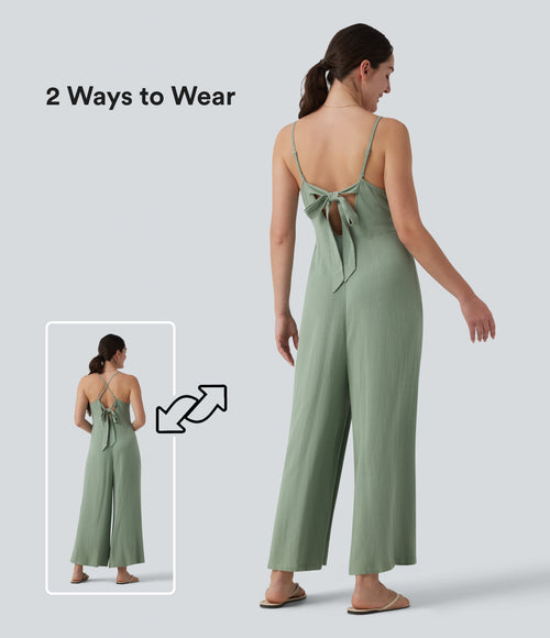 Adjustable Straps Sleeveless Backless Tie-back Linen Casual Baggy Jumpsuit — Iceberg Green — view 1