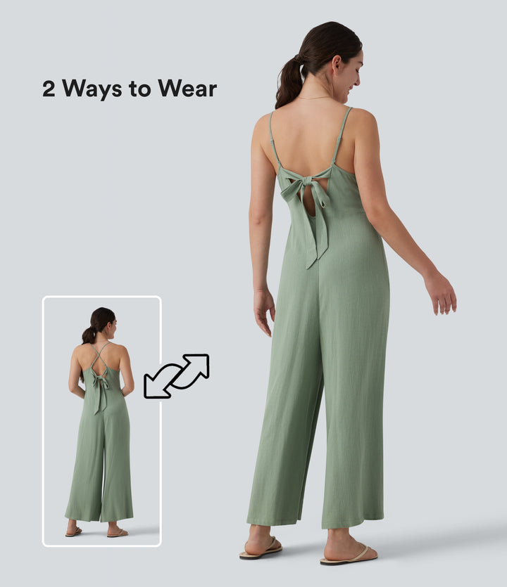 Adjustable Straps Sleeveless Backless Tie-back Linen Casual Baggy Jumpsuit — Iceberg Green — view 1