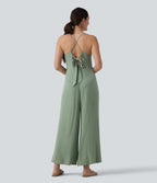 Adjustable Straps Sleeveless Backless Tie-back Linen Casual Baggy Jumpsuit — Iceberg Green — view 4