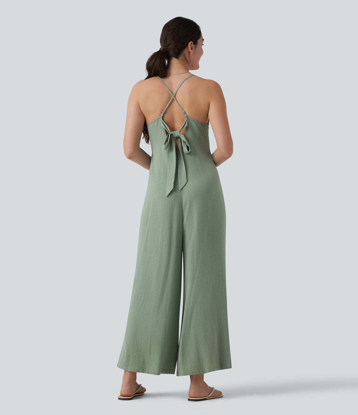Adjustable Straps Sleeveless Backless Tie-back Linen Casual Baggy Jumpsuit — Iceberg Green — view 4