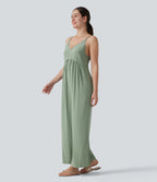 Adjustable Straps Sleeveless Backless Tie-back Linen Casual Baggy Jumpsuit — Iceberg Green — view 3