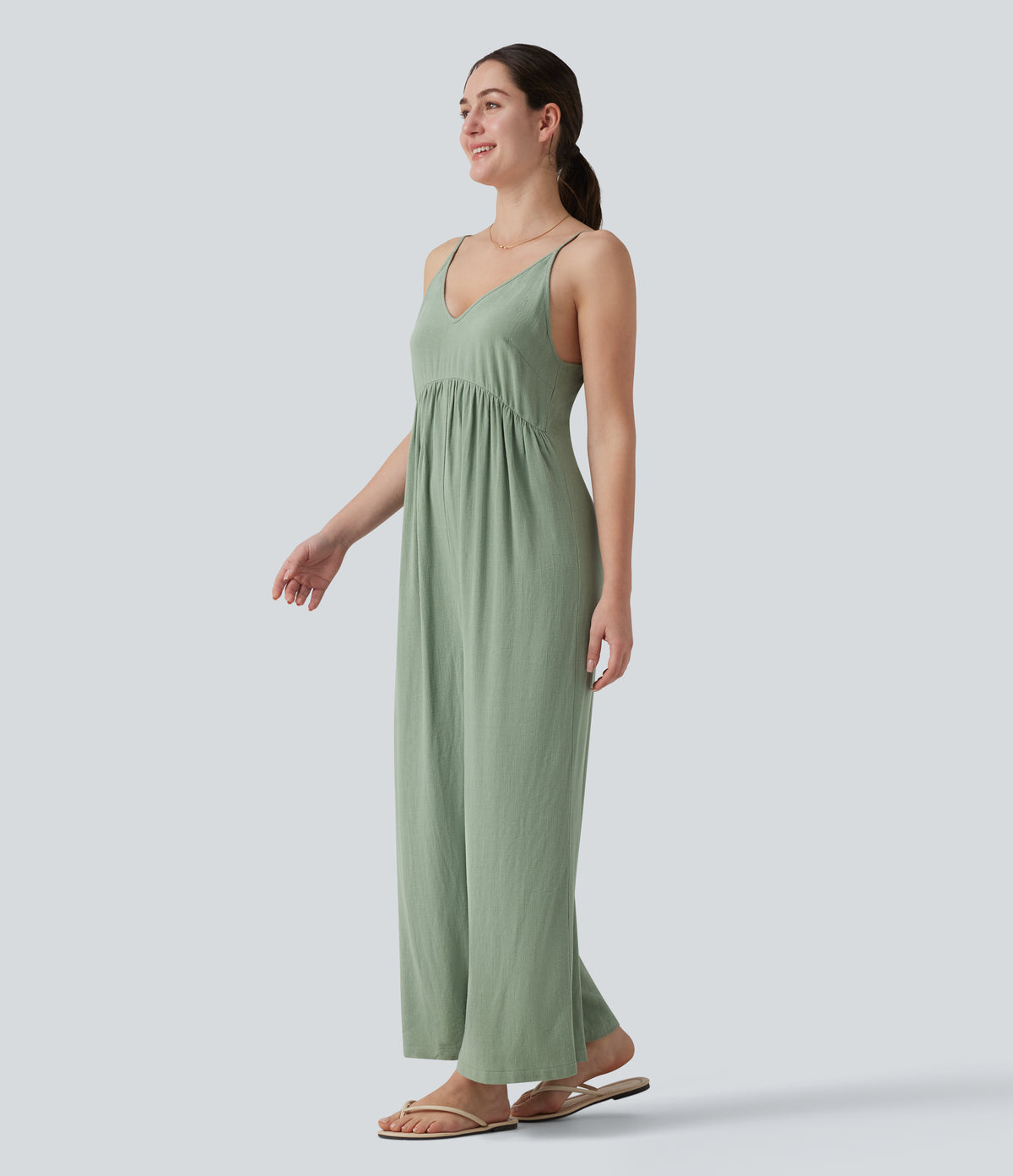 Adjustable Straps Sleeveless Backless Tie-back Linen Casual Baggy Jumpsuit — Iceberg Green — view 3