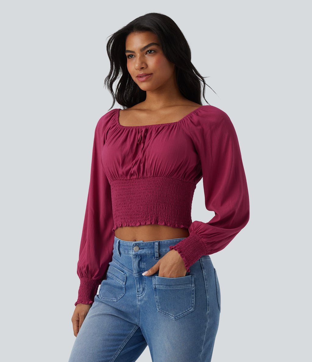 Square Neck Puff Sleeve Shirred Casual Blouse — Rose Wine — view 3
