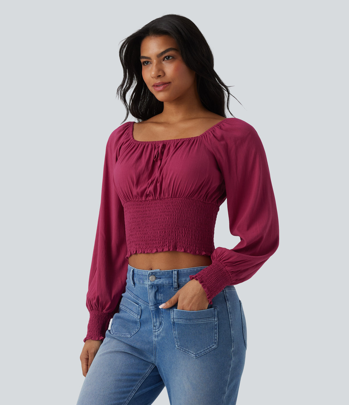 Square Neck Puff Sleeve Shirred Casual Blouse — Rose Wine — view 3