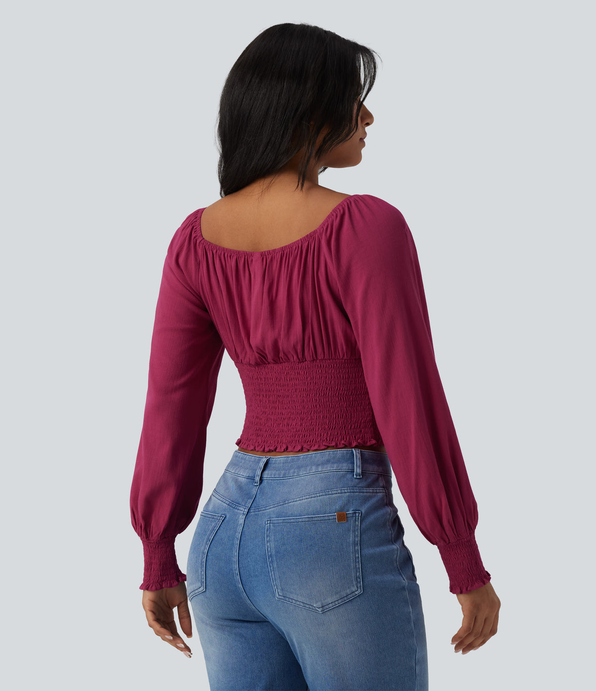 Square Neck Puff Sleeve Shirred Casual Blouse — Rose Wine — view 2