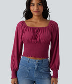 Square Neck Puff Sleeve Shirred Casual Blouse — Rose Wine — view 1