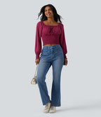 Square Neck Puff Sleeve Shirred Casual Blouse — Rose Wine — view 6