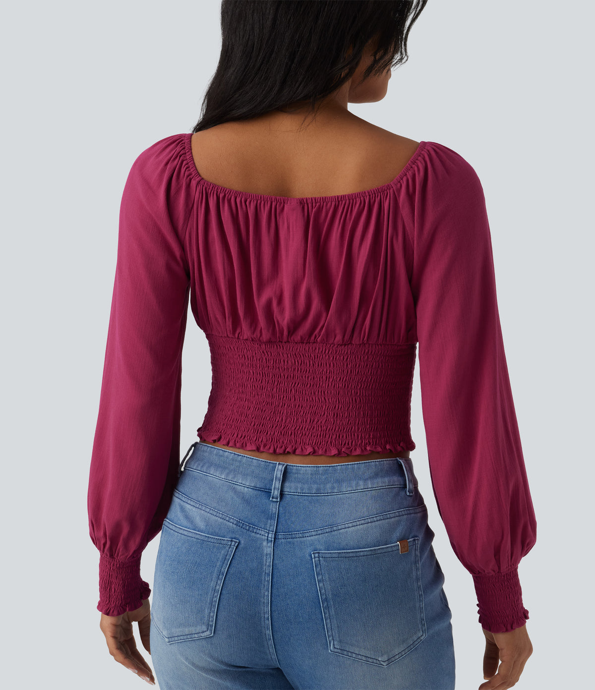Square Neck Puff Sleeve Shirred Casual Blouse — Rose Wine — view 5