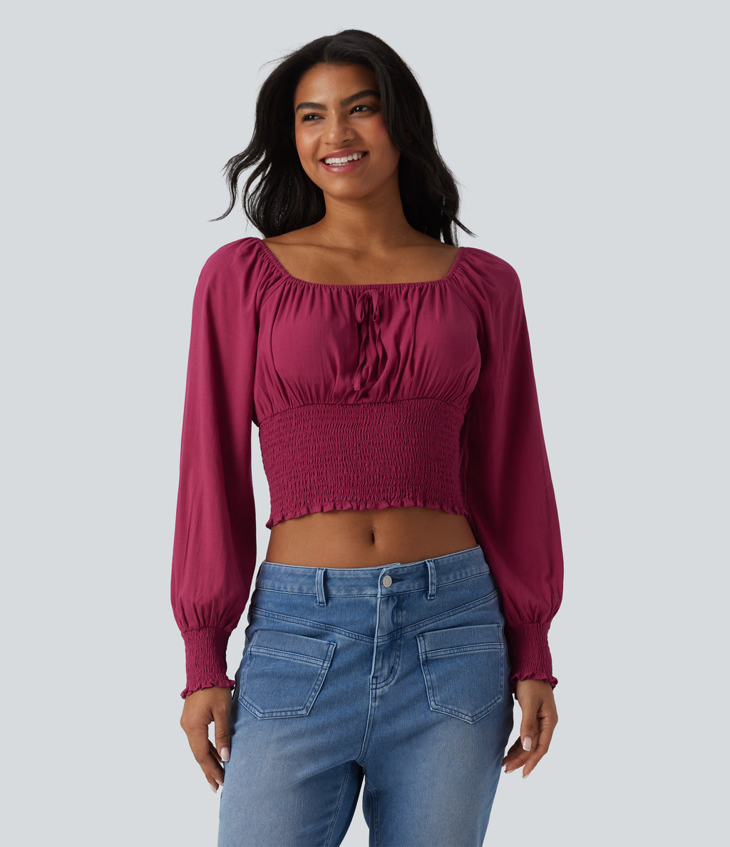 Square Neck Puff Sleeve Shirred Casual Blouse — Rose Wine — view 4