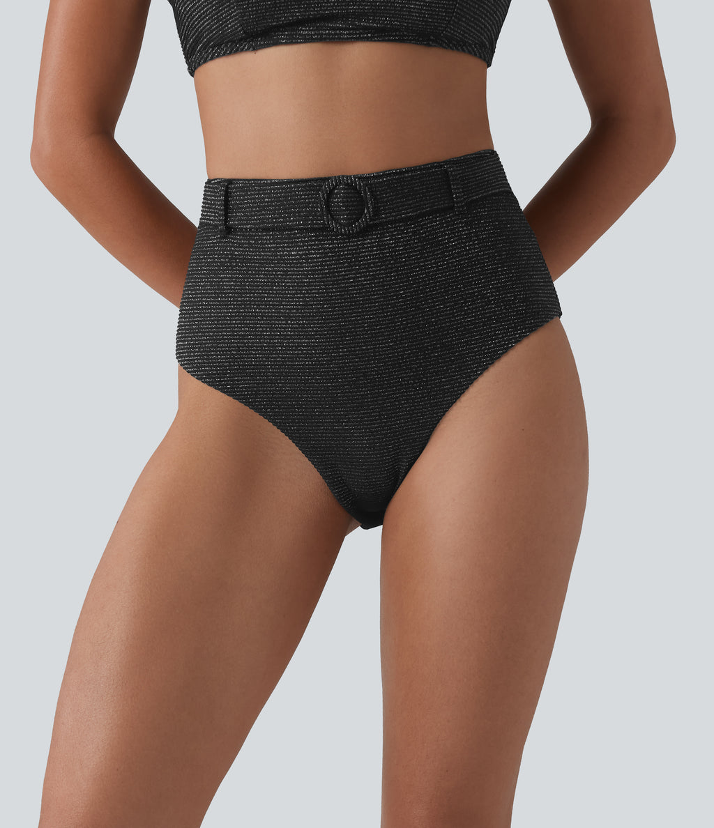High Waisted Tummy Control Stripes Sparkle Bikini Bottoms Swimsuit — Black — view 6