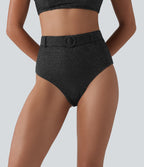 High Waisted Tummy Control Stripes Sparkle Bikini Bottoms Swimsuit — Black — view 6