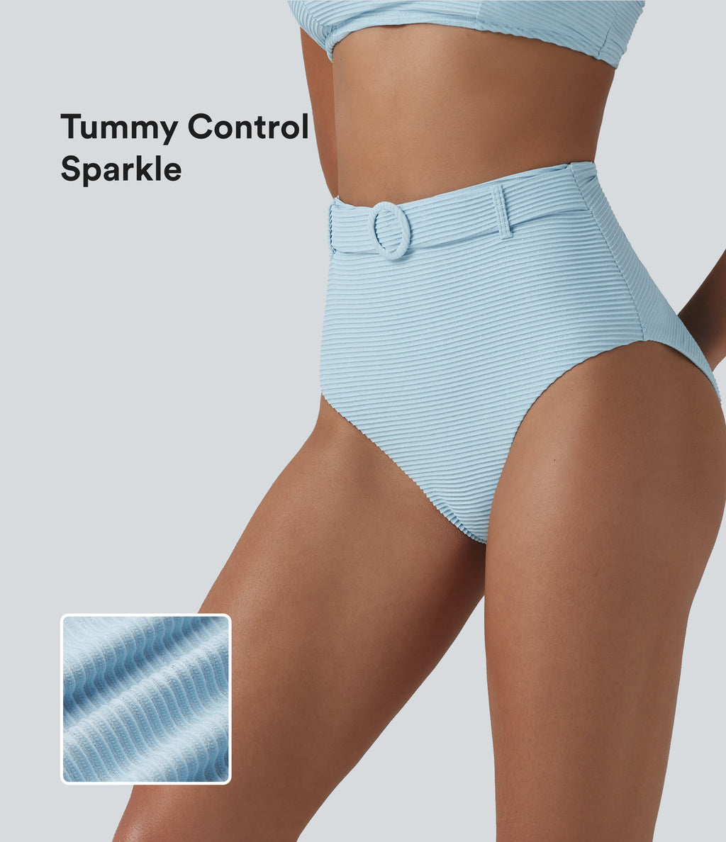 High Waisted Tummy Control Stripes Sparkle Bikini Bottoms Swimsuit — Cooling Spray — view 1