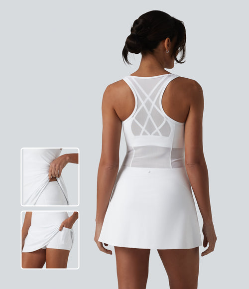Airy Crisscross Racerback Breathable Mesh 2-piece Built-in Bra InstantCool Dance Active Dress with Pockets — White — view 1