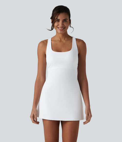 Airy Crisscross Racerback Breathable Mesh 2-piece Built-in Bra InstantCool Dance Active Dress with Pockets — White — view 2
